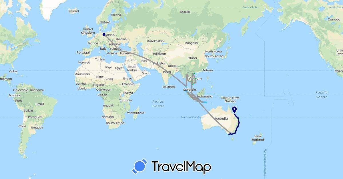 TravelMap itinerary: driving, bus, plane, boat, motorbike in Australia, Germany, Indonesia, Cambodia, Singapore, Thailand, Turkey, Vietnam (Asia, Europe, Oceania)